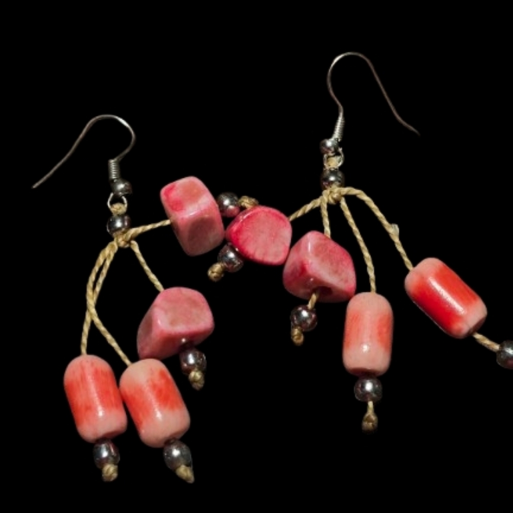 Reclaimed handcrafted salmon colour gemstone dangle earrings. 
